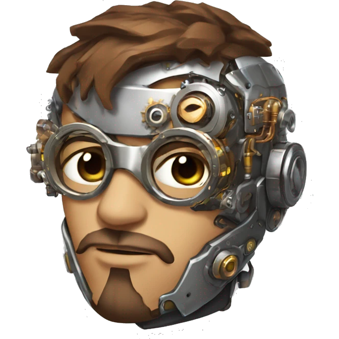 male cyborg head with brown short hair, brown beard, silver steampunk goggles and circuitry emoji