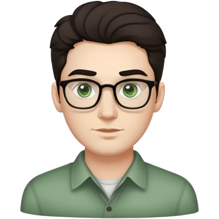 young man with pale skin, larger face, bigger nose, thick dark eyebrows, dark tall voluminous slightly wavy hair styled up high on head but not curly, wearing glasses with green eyes and very light stubble, with a slight smile emoji