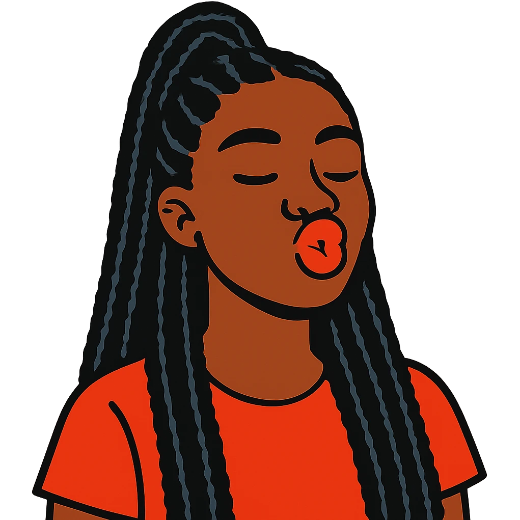 Black girl with long black braids, half up half down hairstyle, doing a kissy face emoji