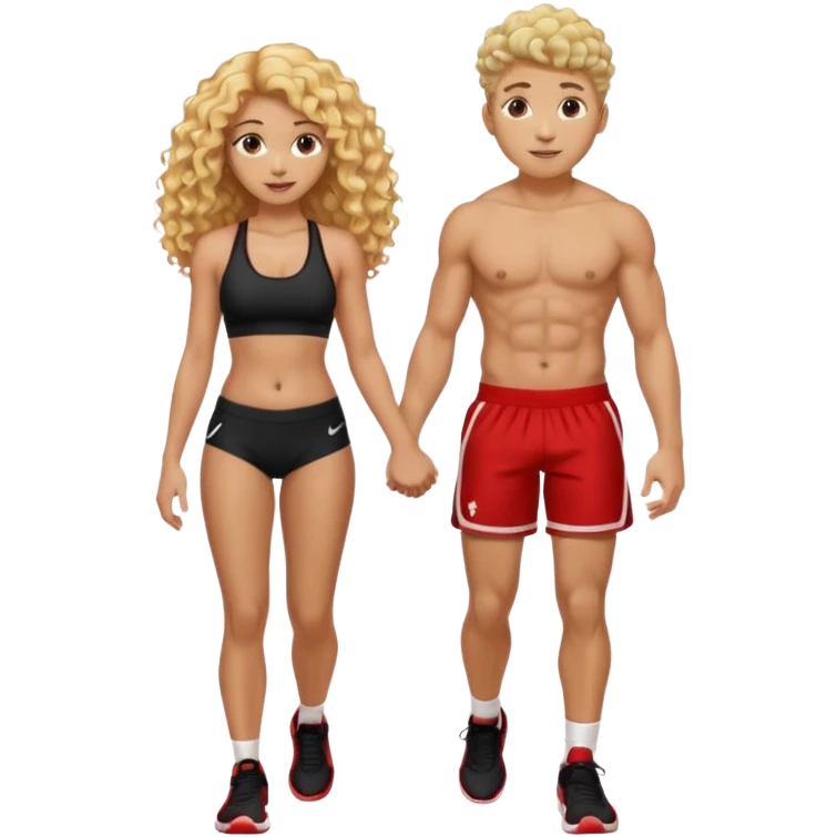athletic man, high top fade, blonde curly hair only top only, no shirt and Athletic girl with long light red wavy long hair and black sports, Put them together kissing, or holding hands emoji
