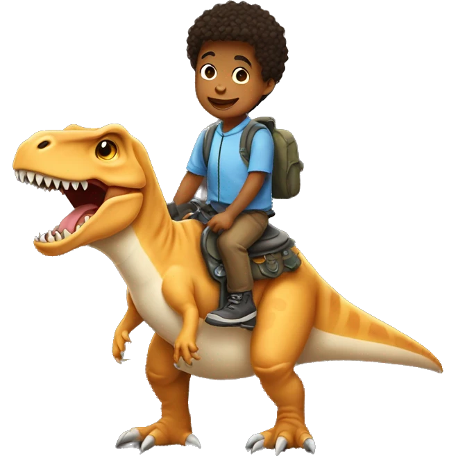 Boy in puppy costume riding a T-Rex emoji