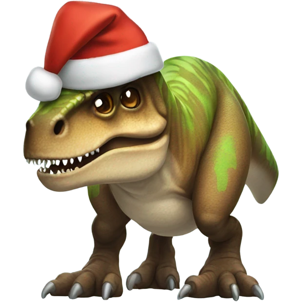 T. rex wearing a Christmas sweater and Santa hat emoji