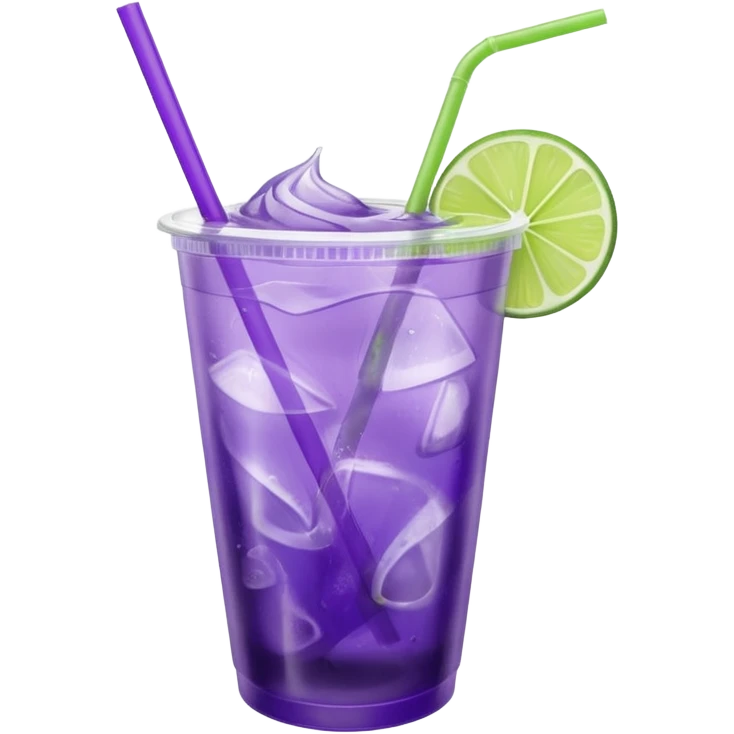 purple cocktail with a lime in a plastic cup with lid and straw emoji