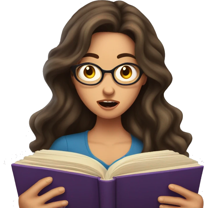 brunette long wavy hair woman shocked face while holding and reading book emoji
