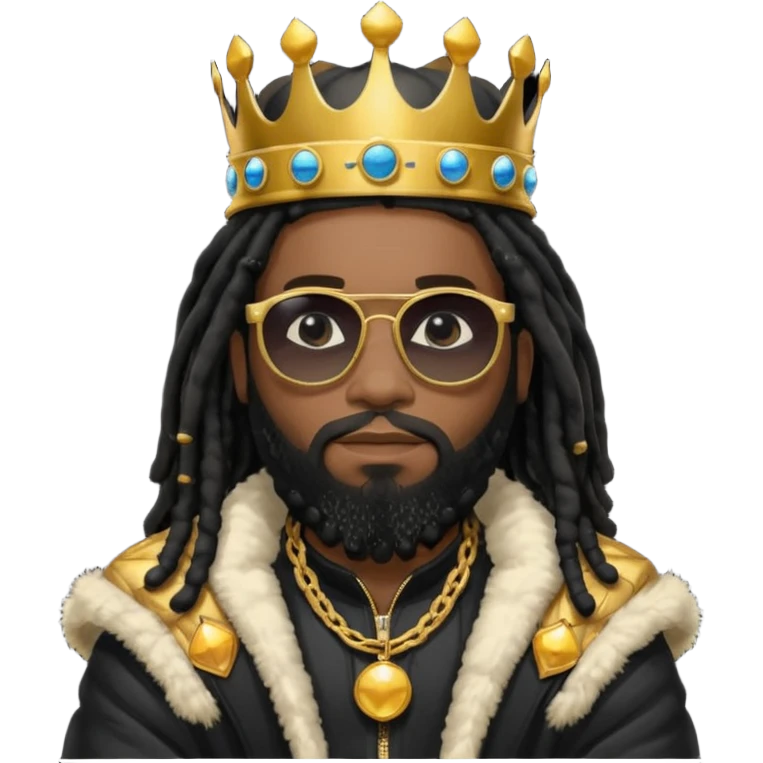 African American man with shoulder length black dreadlocks with black beard wearing  dark black sunglasses with a black bubble winter coat wearing a crown with arms folded emoji