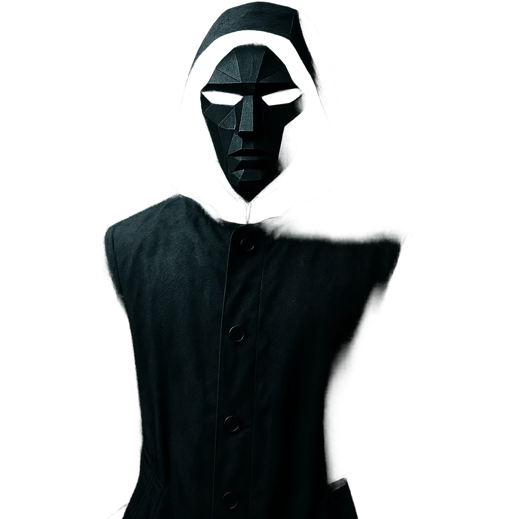 Squid Game series, Front Man in black mask and coat, mysterious atmosphere emoji