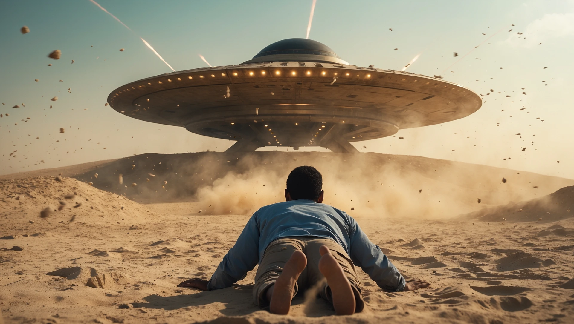 cinematic still, documentary photography, acient egypt, back shot of a man on ground laying front of ufo starship, sand flying around, dynamic scane, leading lines, captured by arri alexa emoji