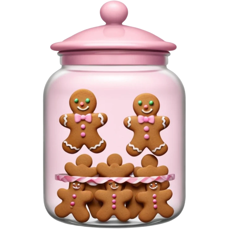 Realistic glass cookie jar with light pink lid full of gingerbread cookies isolated.  emoji
