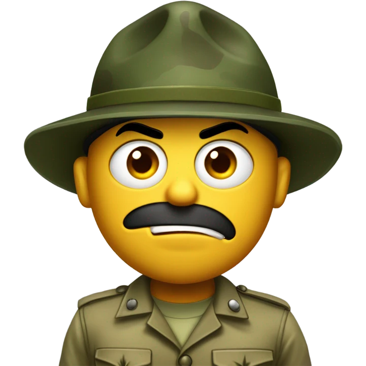 drill sergeant character wearing a classic sergeant hat and a camouflage army shirt. The character should have an angry intense expression. full torso emoji