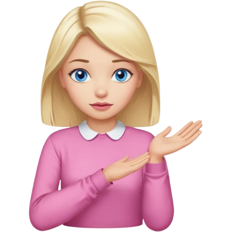 A girl with blue eyes, full lips and blonde hair in a pink blouse shows no with her hands, crossing them emoji