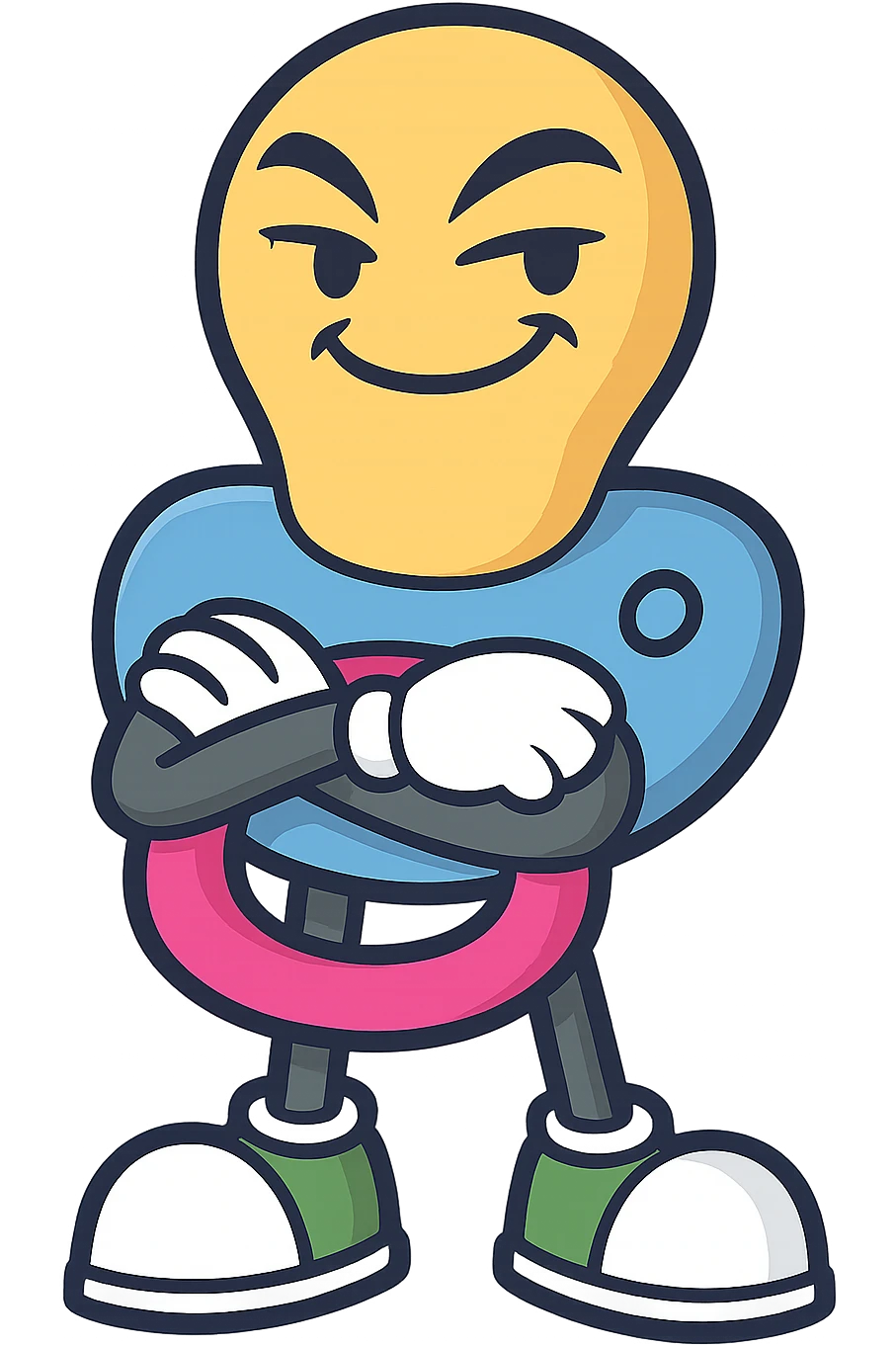 Create a confident adult pose of the pacifier character with arms crossed, keeping the same style, colors, and mischievous personality as the reference image. Transparent background. emoji