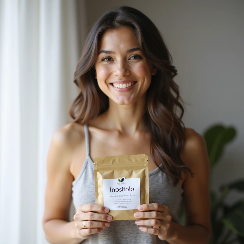 realistic photograph of a smiling woman holding a package with the word 'Inositolo' clearly visible, natural and healthy appearance, bright home environment, natural light, no evident signs of PCOS emoji