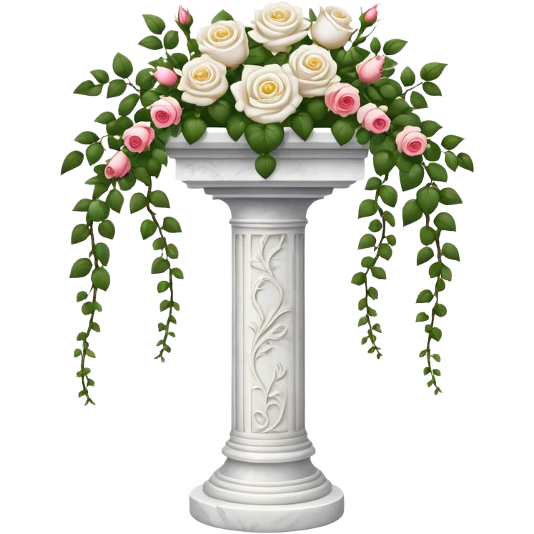 White tall marble pedestal with vines growing and gorgeous roses flowers beautiful romantic scenery garden scenic  emoji