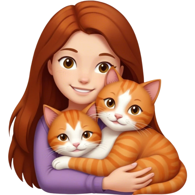 smiling girl with long dark brown hair cuddling a ginger cat with white paws  emoji