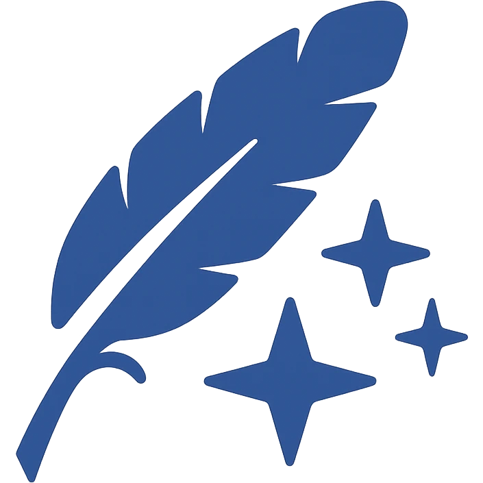 Reimagine the Wonderdraft icon in a minimalistic, flat blue style consistent with previous icons. Use shades of blue for the feather and stars, keeping the design clean and simple. The feather and stars should be easily recognizable, with a fully transparent background, minimal use of other colors, and prioritize clarity and recognizability. emoji