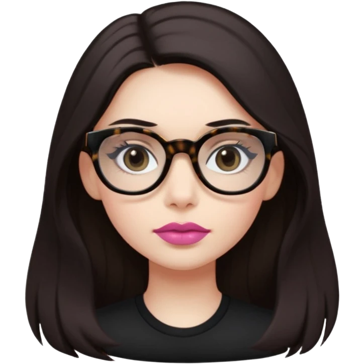 The girl with dark long hair, white skin, dark eyes, wearing black shirt and tortoise framed glasses. Lipstick is smooth old pink. emoji