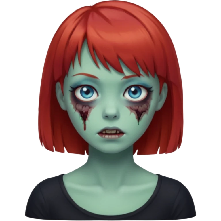 Zombie girl emoji with short red hair and bangs. Blue eyes, green skin, and a black top. emoji