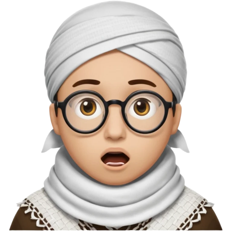 A person with light skin tone, wearing a traditional white keffiyeh with a black agal, large brown eyes, round glasses, and an open mouth showing a surprised or shocked expression. emoji