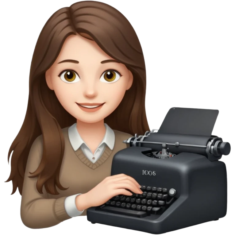 smiling white long brunette hair girl with hazel eyes typing on a typewriter emoji