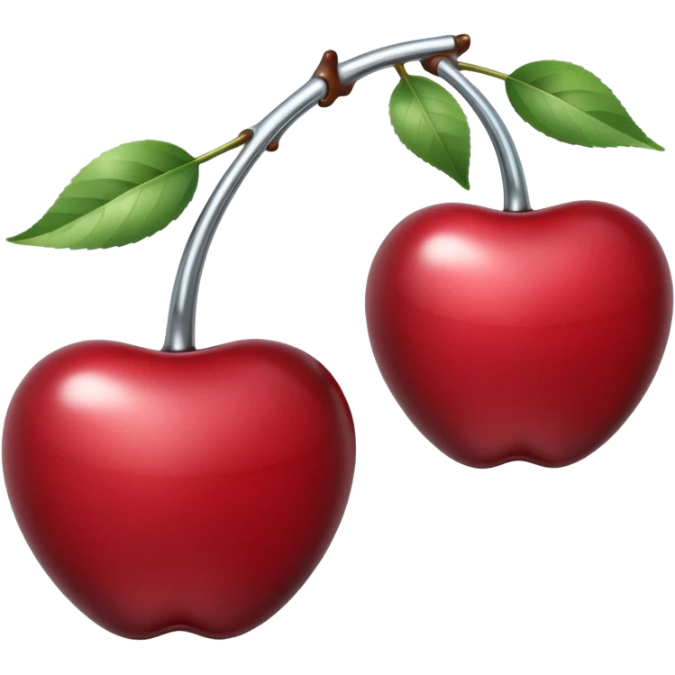 A pair of cherries emoji made of polished silver chrome, smooth rounded shapes, glossy metallic finish, soft highlights and reflections, cute proportions, iOS emoji style, centered, clean white background, no text emoji