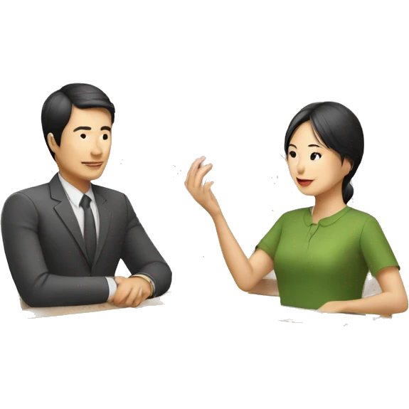 two asian people in discussion，with a paper on the desk emoji
