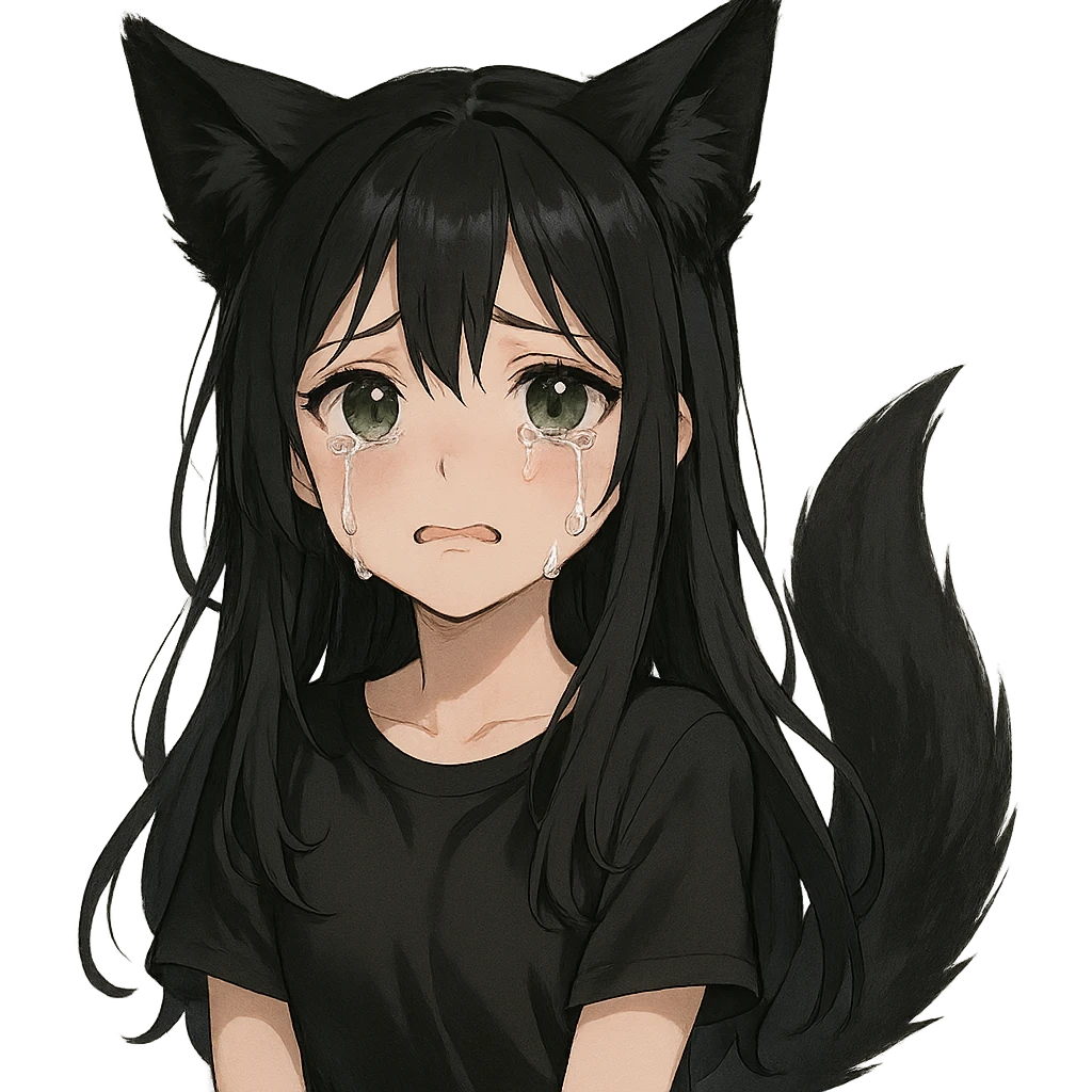 A girl with tears, black fox ears, and a tail, green eyes, dark hair emoji