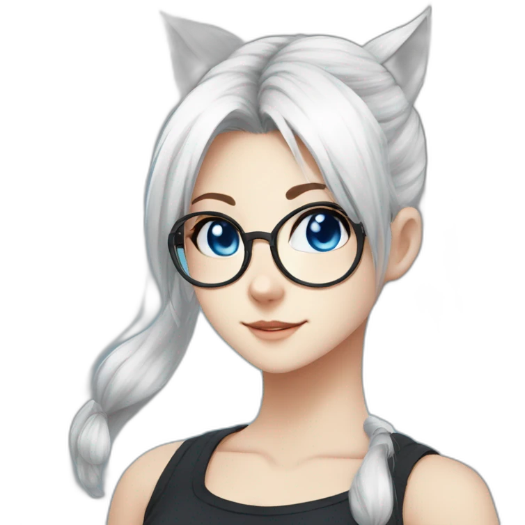 anime style white hair catgirl, black glasses, tank top, pony tail hair, blue eyes emoji