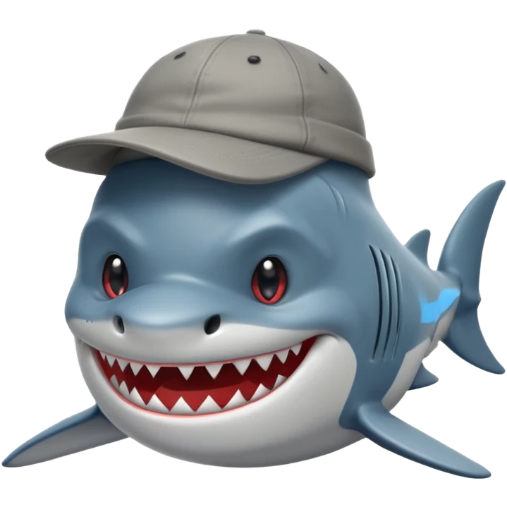 Un tiburón con aspecto gruñón pero con una sonrisa, que tenga una gorra de la marca barbas hats hacia atrás emoji