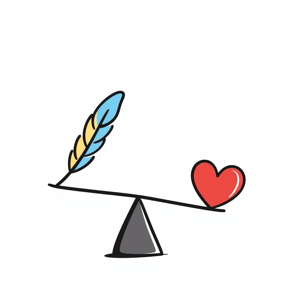A simple scale balancing a colorful feather and a red heart, representing emotional balance and lightness. Colorful hand-drawn doodle style with blues, reds, and yellows. emoji
