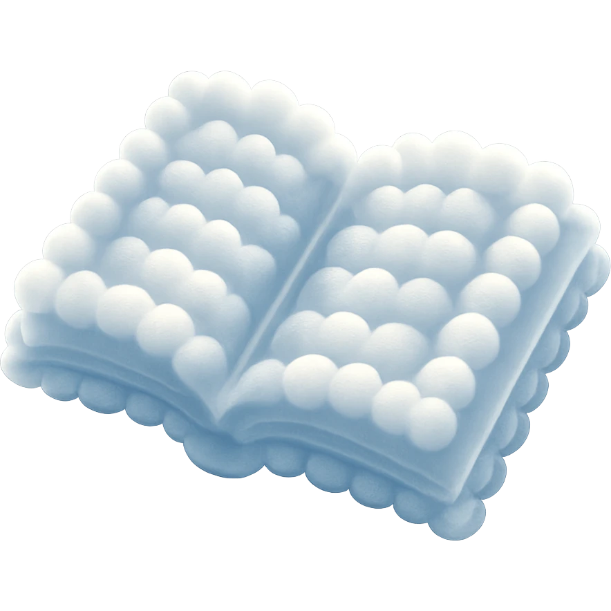 thick open book viewed from above, made entirely of small very bright white fluffy convex clouds, matte glass style, no background emoji