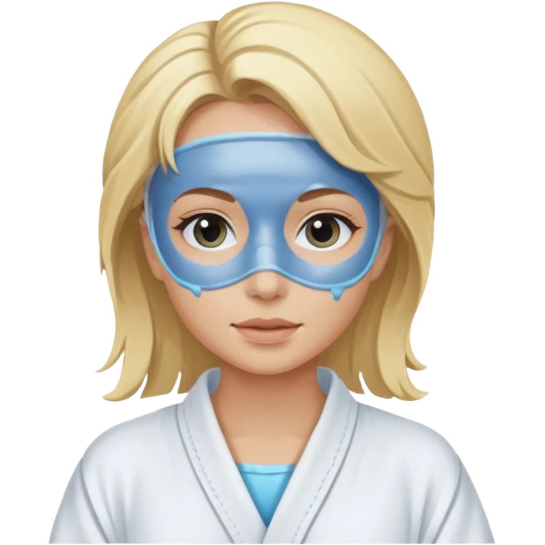Blonde wearing a white spa robe with a blue mud mask on emoji