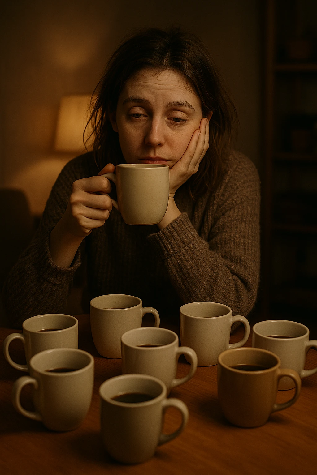 donna con stanchezza cronica distrutta e stanca che si fa tanti caffè emoji