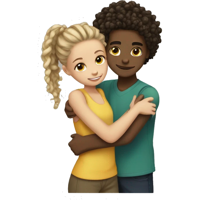 a boy light skinned boy with dreadlocks hugging a light skinned girl  with a curly ponytail emoji