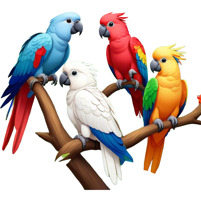 Close-up collage of vibrant Ara parrots and Inca cockatoos sitting on tree branches, surrounded by lush greenery. Bright colors of the birds stand out against a natural, sunny background of trees, flowers and fruits. Transparent background. emoji