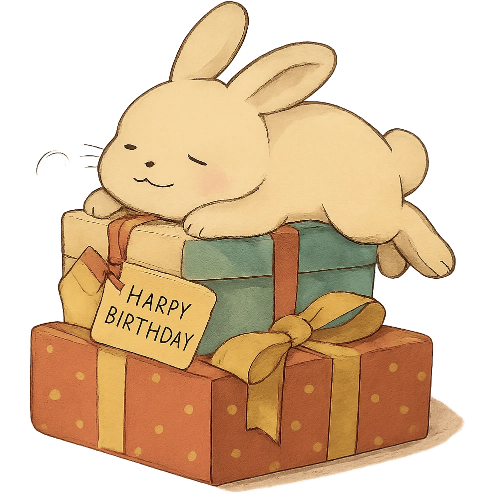 bunny lying on birthday gifts, sleepy and happy smile eyes, soft Ghibli style emoji