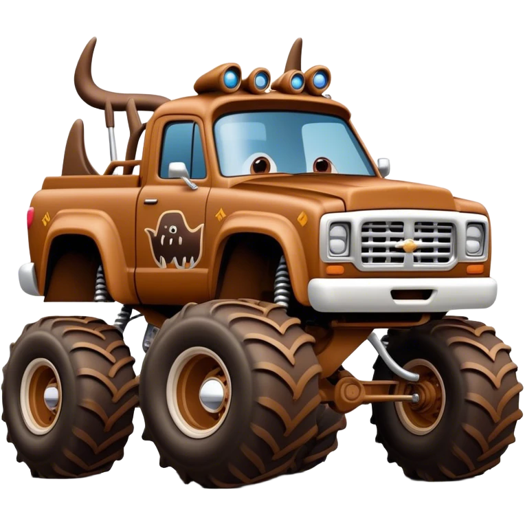 Monster Mutt - Monster Jam (Model Year: 2021) (Iconic colour: Brown with dog features) - A unique monster truck with playful, dog-inspired design cues. The vehicle is painted in warm brown tones and features subtle dog motifs (such as a stylized snout or ear shapes). It should blend the rugged power of a monster truck with quirky, endearing canine features. emoji