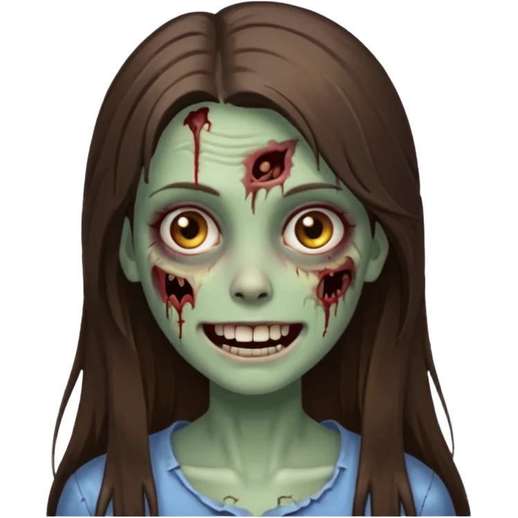 a zumbi girl with long brunette straight hair and light brown eyes, she is happy and beautiful  emoji