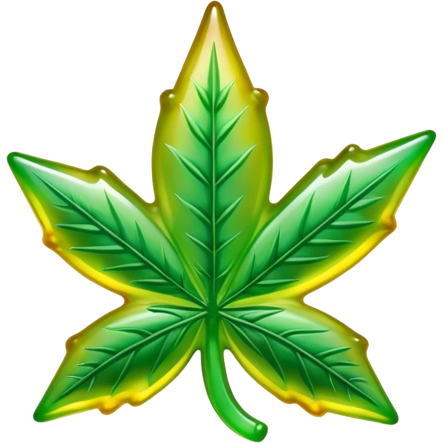 gusher gummy shaped like a marijuana leaf with a visible liquid center bright colors emoji