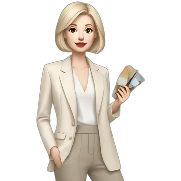 pale skin woman with ash blonde Straightened bob Hair, White Spacious classical jacket, beige palazzo Arrow pants and gray blouse holding a color palette in the hands emoji