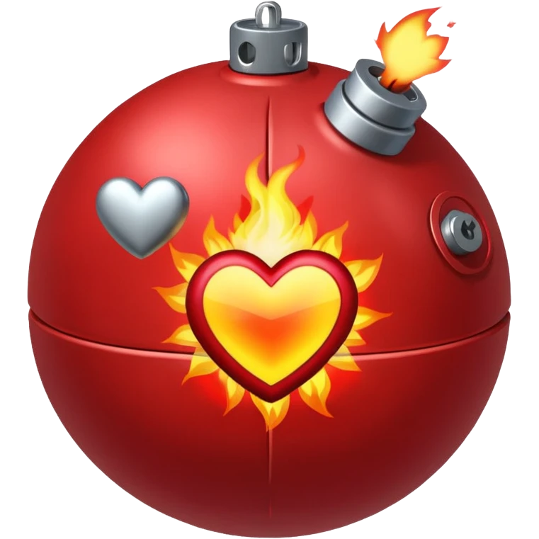 A spherical shaped bomb, red in colour, fuse burning with a heart. emoji