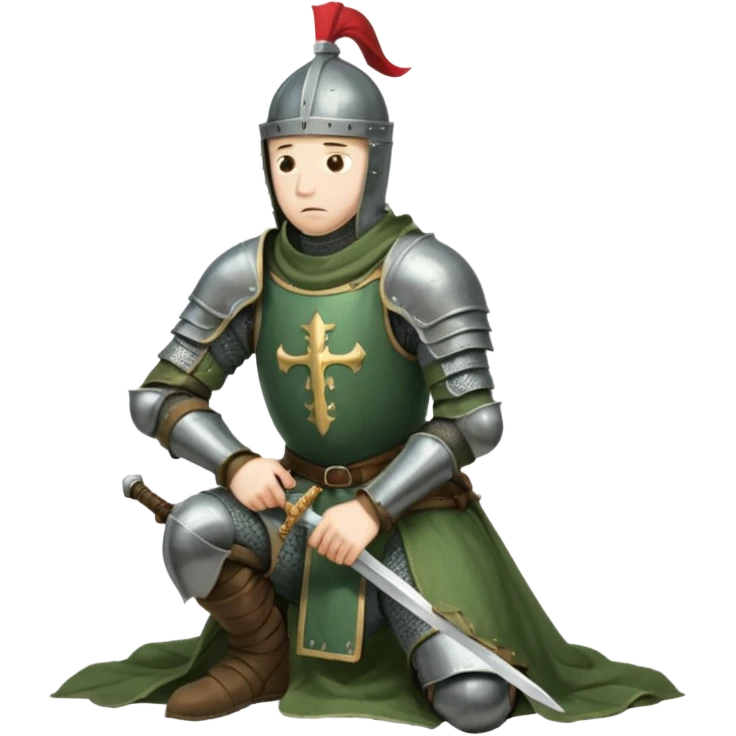 A lone medieval knight in a green worn armor kneels. His helmet is closed, hiding his face, conveying silence, exhaustion and contemplation. A long sword is planted in the ground beside him, its hilt resting near his gloved hands as if he is praying or resting after battle. emoji