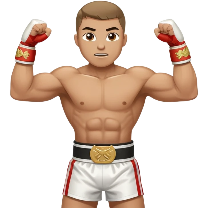 Boxing champion with arms raised in victory, wearing multiple championship belts around waist, determined expression, white hand wraps, muscular cartoon body emoji