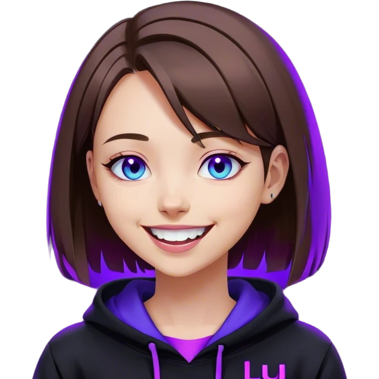 brown haired girl with a bob and blue eyes wearing black hoody with violet letters "Lu", laughs. Cyberpunk style. Violet neon. emoji