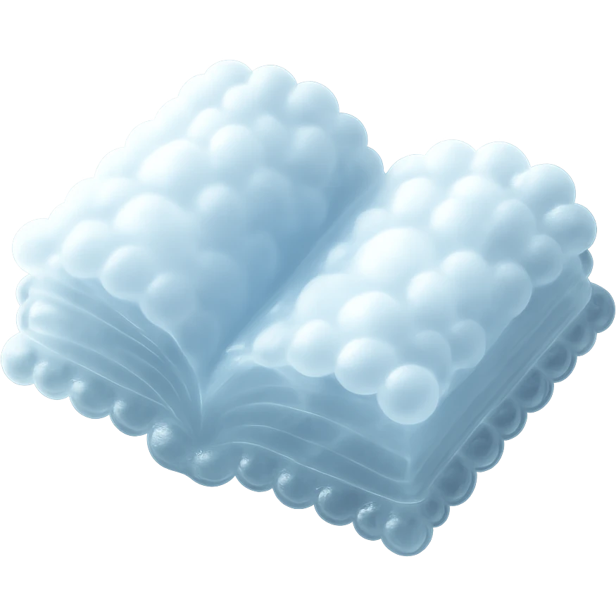top view of a thick open book made entirely of small, very bright white fluffy convex clouds, matte glass style emoji