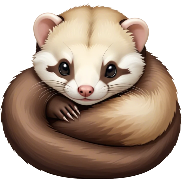 Meme-Worthy Cute Sleeping sable ferret Portrait Emoji, Head resting peacefully with a contented smile, showcasing a long, flexible body curled up in cozy repose, luxuriously soft fur in warm brown and cream, and eyes gently closed in serene slumber, Simplified yet hilariously adorable features, highly detailed, glowing with a soft, drowsy natural light, high shine, relaxed and utterly lovable, stylized with an air of playful laziness, bright and heartwarming, soft glowing outline, capturing the essence of a sleeping sable ferret that feels destined to become the next viral sensation of adorable rest! emoji