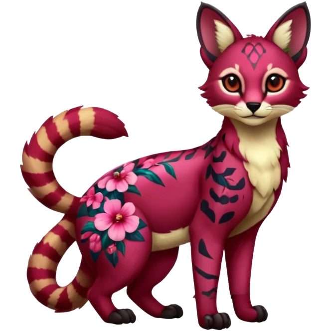Colorful dark tropical ruby rose floral butterfly exotic cute cool beautiful shiny beautiful fantasy-caracal-civet-genet-sergal-vernid-serval-Gryphon-Cacomistle-Trico-oncilla-animal-Fakémon-hybrid-fursona (full body) emoji