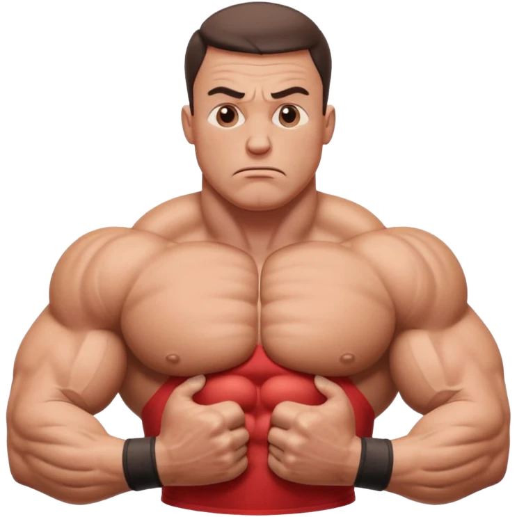 hyper realistic muscular bodybuilder with inflated muscles and worried face, low battery symbol near pelvic area, Italian caption 'Libido assente', isolated on white background emoji