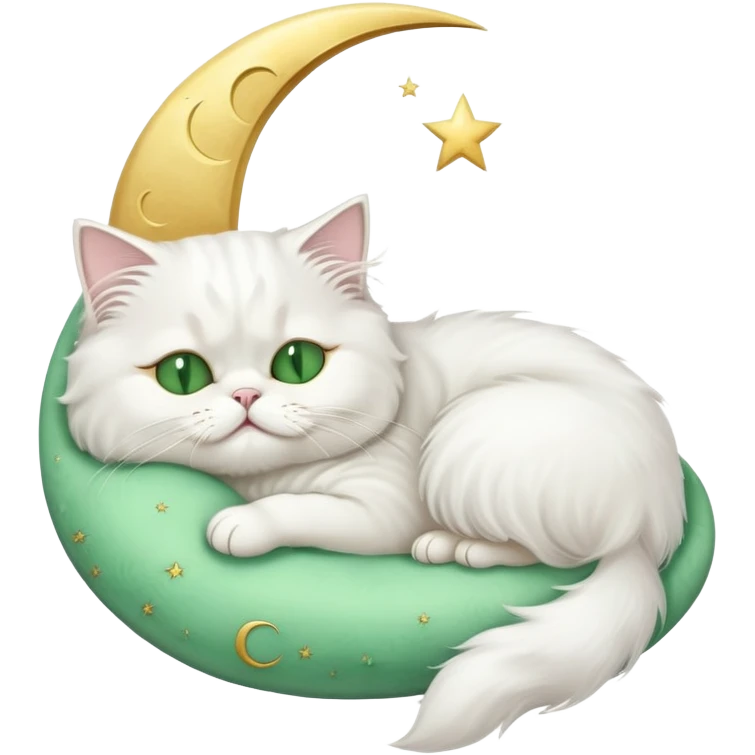 White Persian cat with green eyes sleeping on crescent moon  emoji