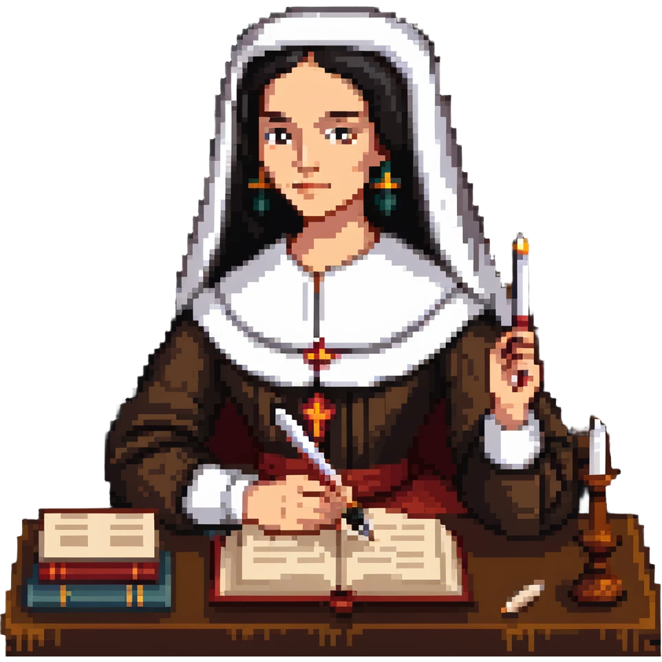 Sor Juana Inés de la Cruz with a quill pen and books emoji