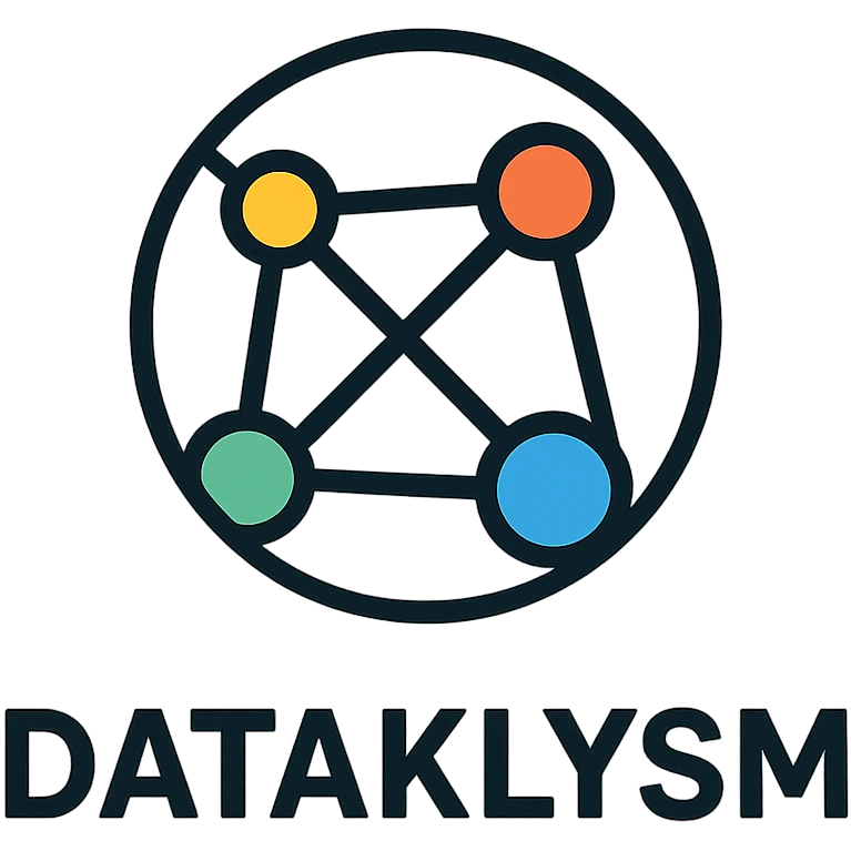 circular icon logo for DATAKLYSM with interconnected nodes and lines representing data networks, clean professional style emoji